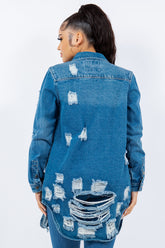 American Bazi Women's Distressed Long Sleeve Denim Jacket - Trendy Button-Up